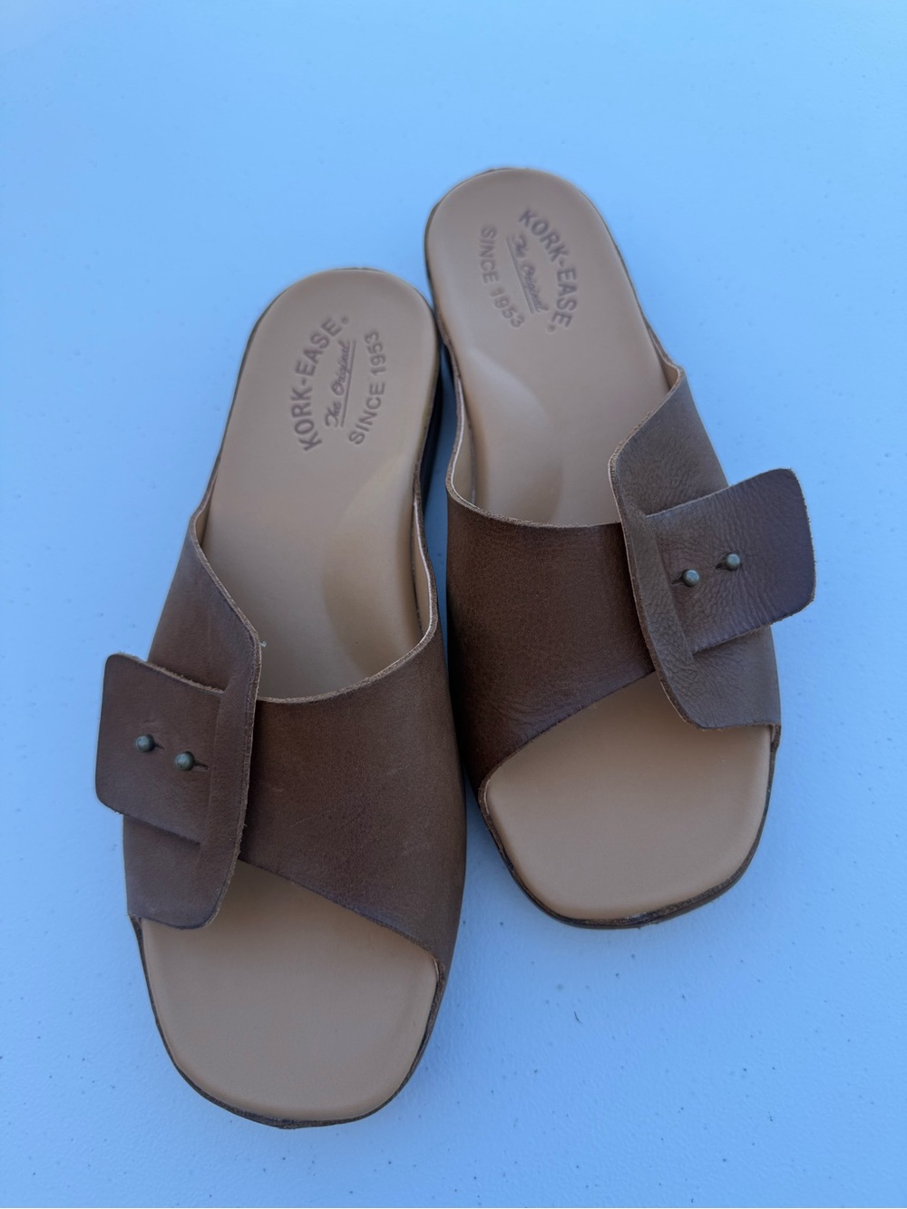 Kork-Ease Tan/Brown Leather Slide Sandals with Buckle Tab